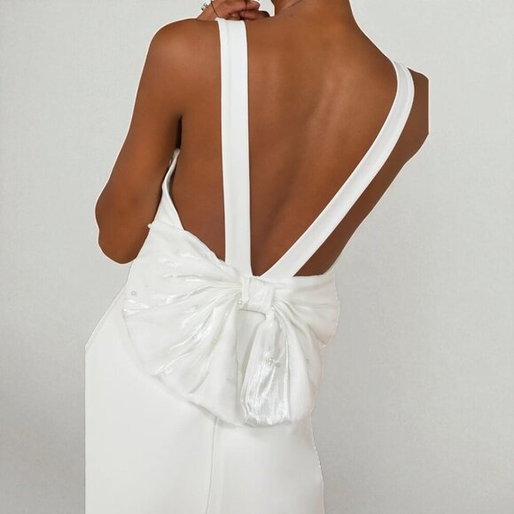 Lulus Romantic Glow White Backless Pearl Bow Maxi Dress XS - Picture 4 of 11